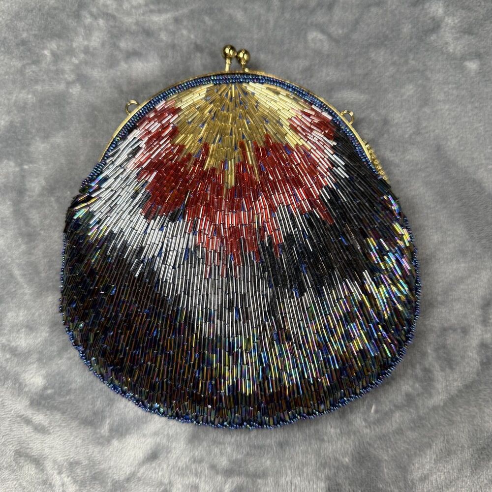 VTG La Regale Mermaid Beaded Clamshell Purse With Chain Blk Blue Red Satin Lined